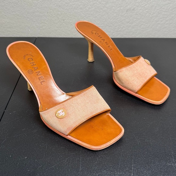 CHANEL Shoes - Chanel CC Logo Square Toe Mules Pink Canvas Leather Kitten Heel Sandals 38.5